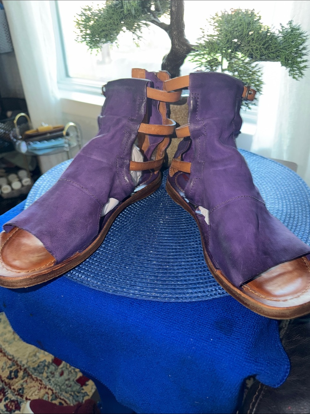 A.S.98 Purple Leather Open-Toe Ankle Strap Sandals with Brown Soles - Picture 4 of 5
